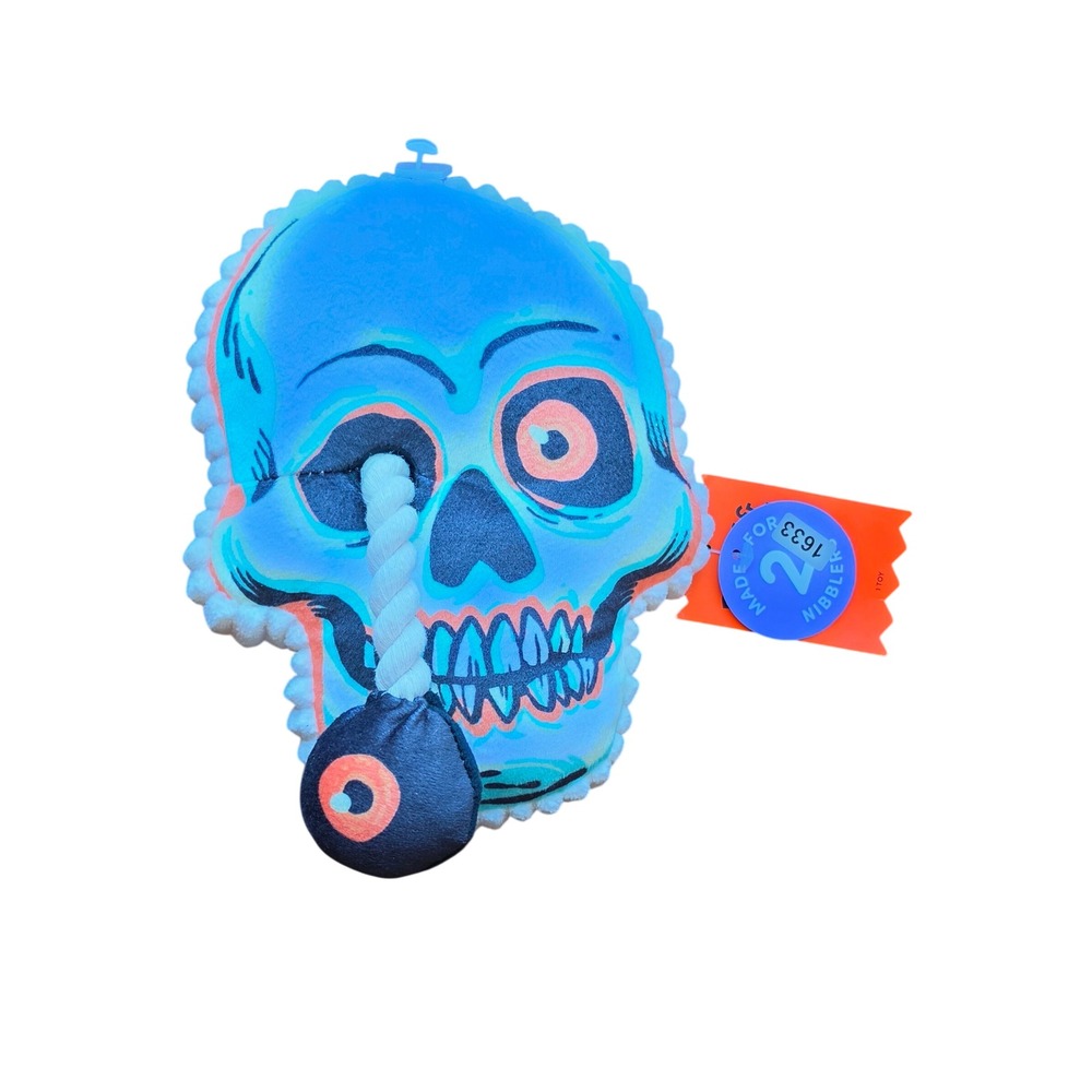 BarkBox Bark Skull Dog Toy Blue Neon Squeaky Plush Rope Eyeball Halloween Toy